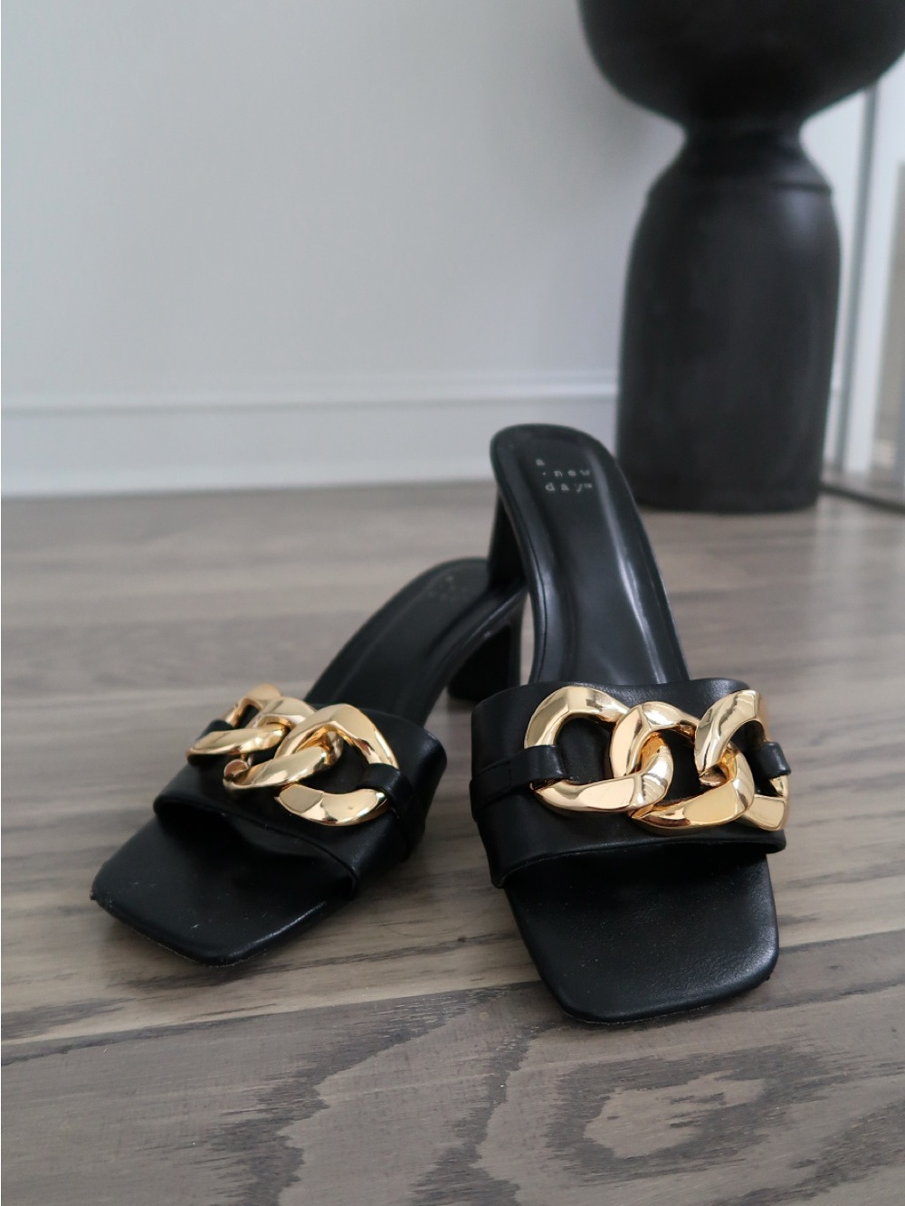 A New Day Black Heeled Mules Gold Chain Square Toe Sandals Size 8
